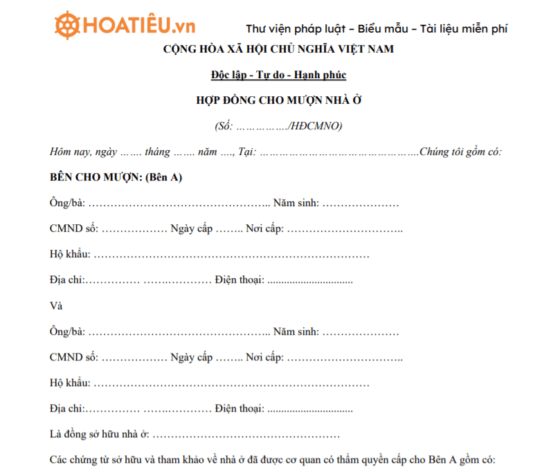Mẫu hợp đồng cho mượn nhà để nhập hộ khẩu 2021
