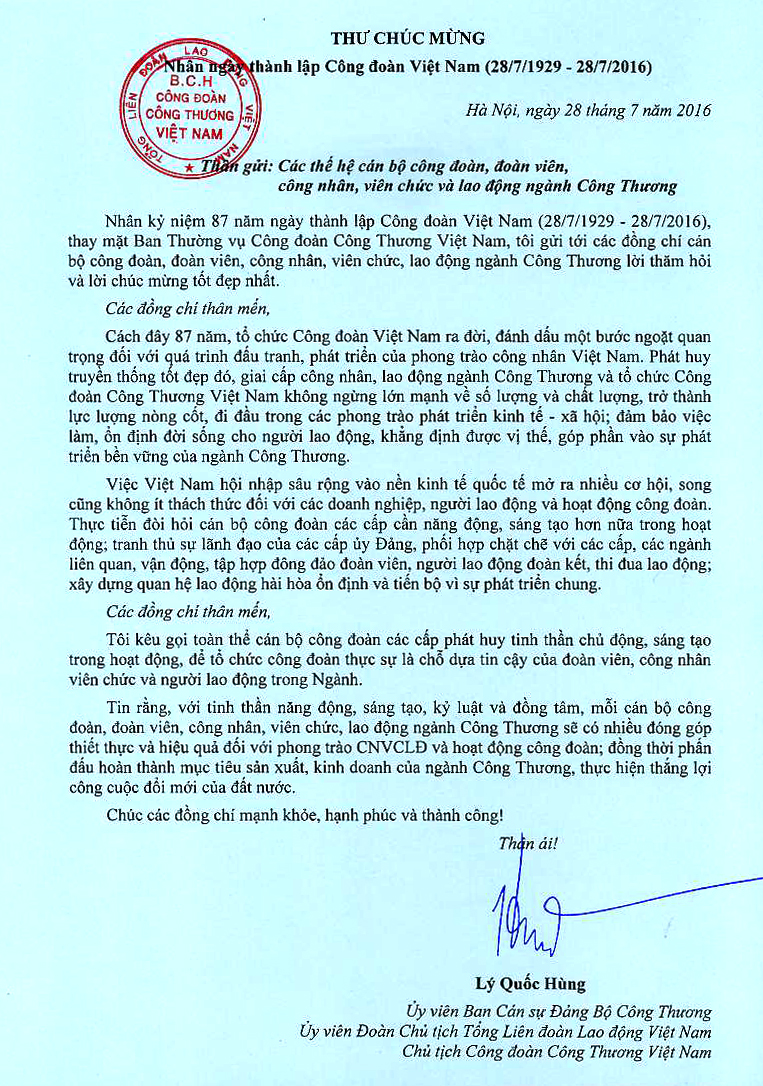 Thư chúc mừng ngày Công đoàn Việt Nam
