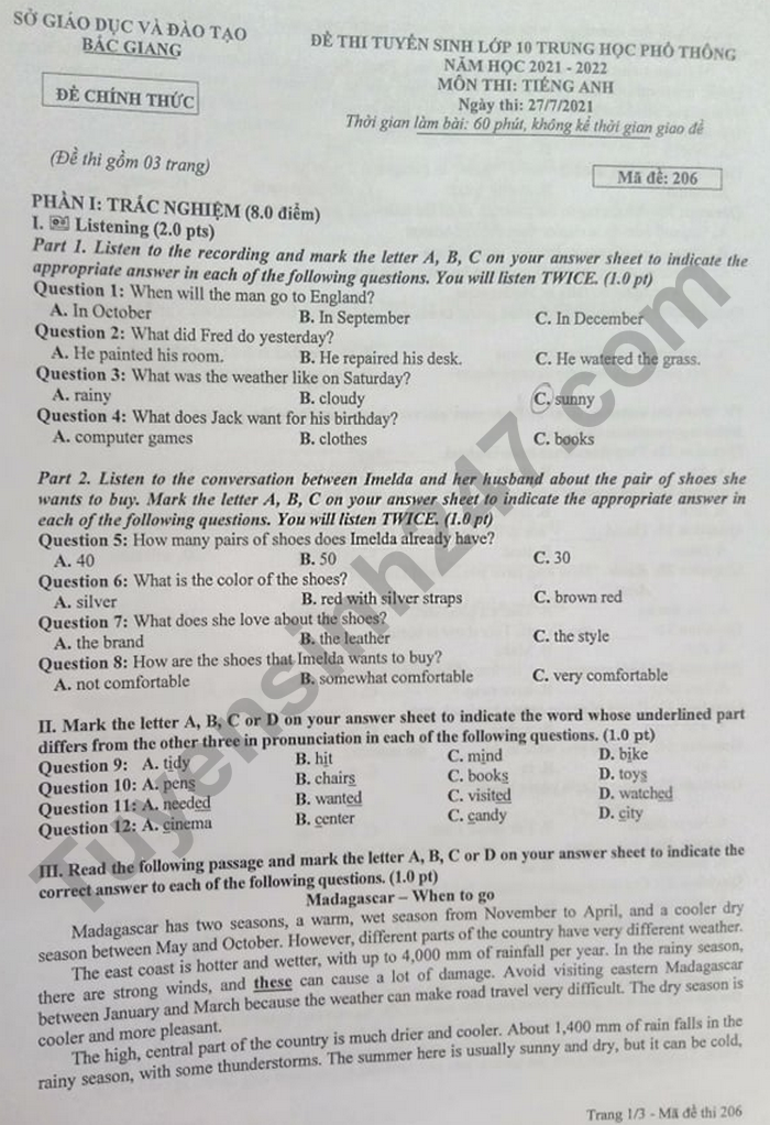 Đề thi vào 10 môn Anh Bắc Giang 2021