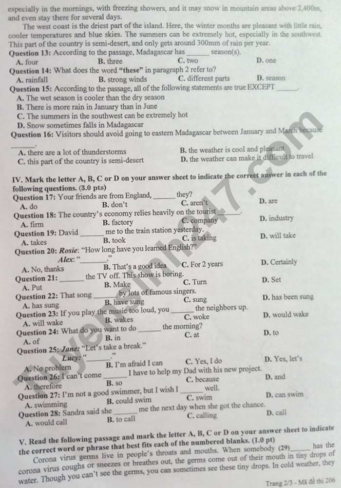 Đề thi vào 10 môn Anh Bắc Giang 2021