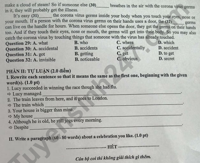 Đề thi vào 10 môn Anh Bắc Giang 2021