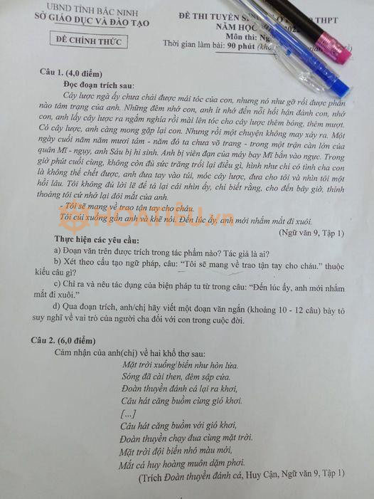 Đề thi tuyển sinh lớp 10 môn Văn 2021 Bắc Ninh