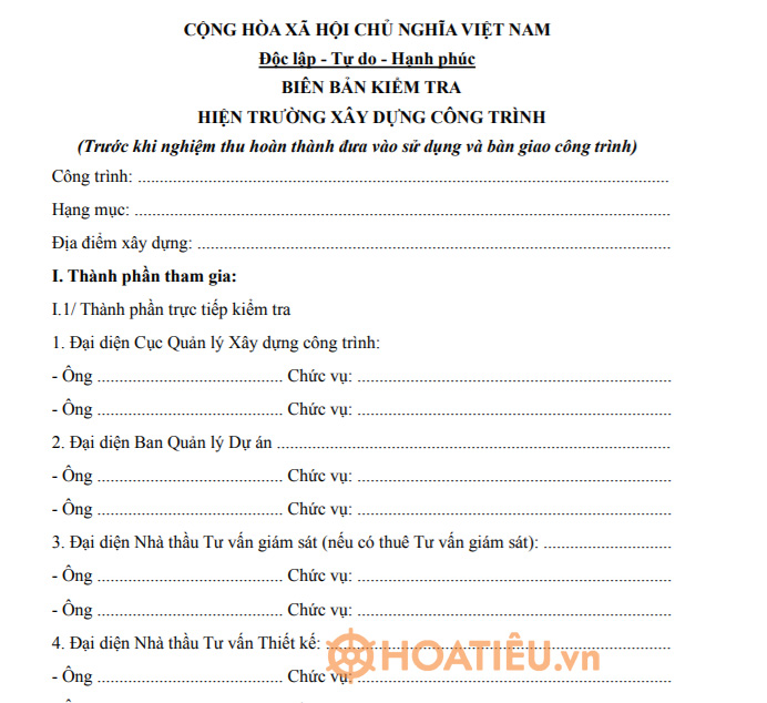 Mẫu biên bản kiểm tra hiện trường xây dựng công trình 2021