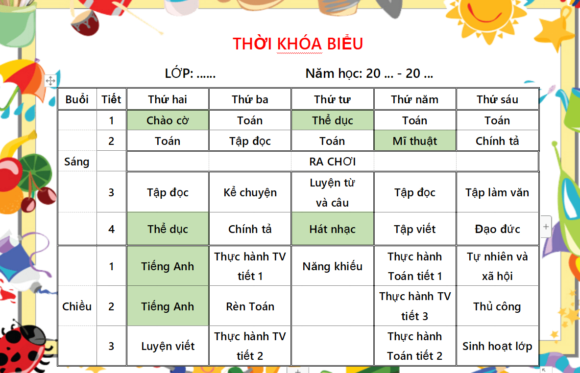 Mẫu thời khóa biểu