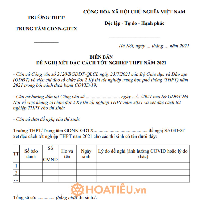 Biên bản đề nghị xét đặc cách tốt nghiệp THPT