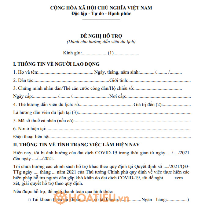 Mẫu số 10: Đề nghị hỗ trợ của người lao động là hướng dẫn viên du lịch