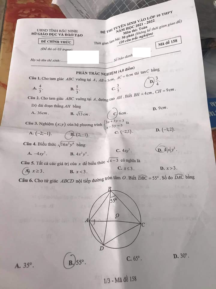 Đề thi tuyển sinh lớp 10 môn Toán 2021 Bắc Ninh