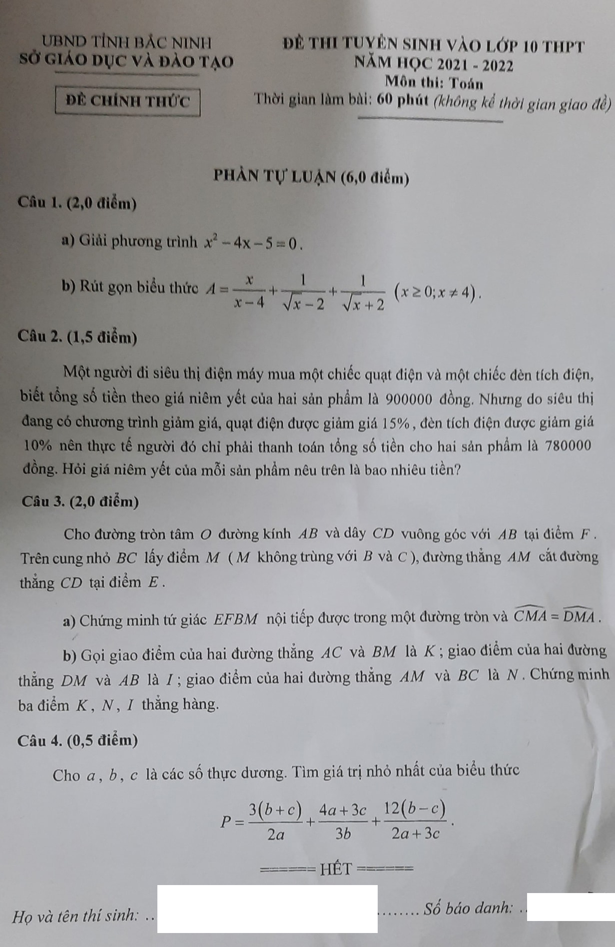 Đề thi tuyển sinh lớp 10 môn Toán 2021 Bắc Ninh