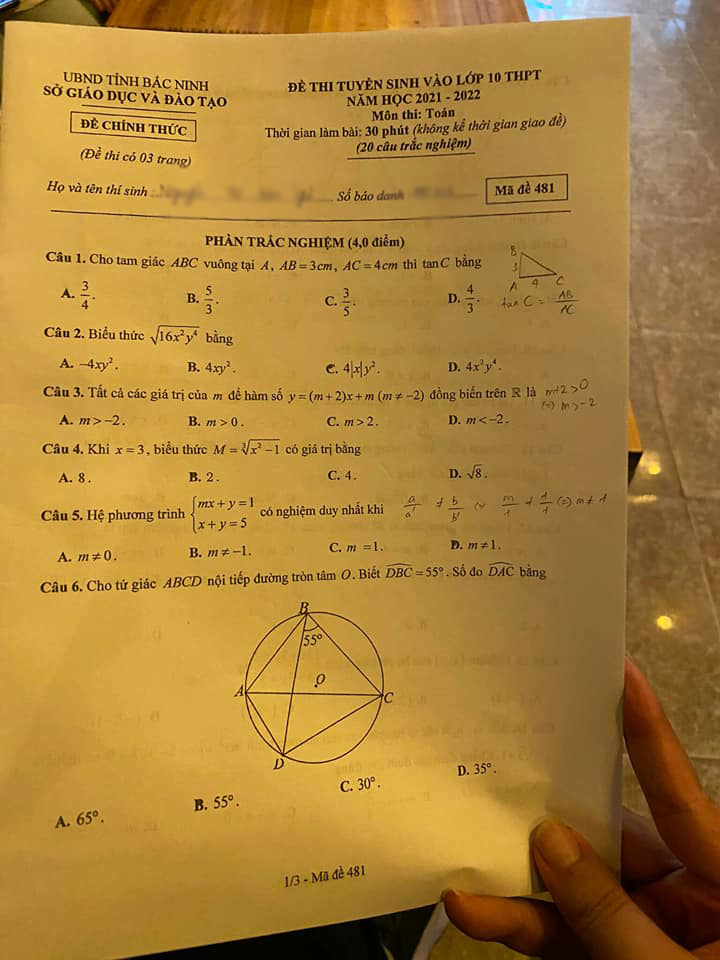 Đề thi tuyển sinh lớp 10 môn Toán 2021 Bắc Ninh