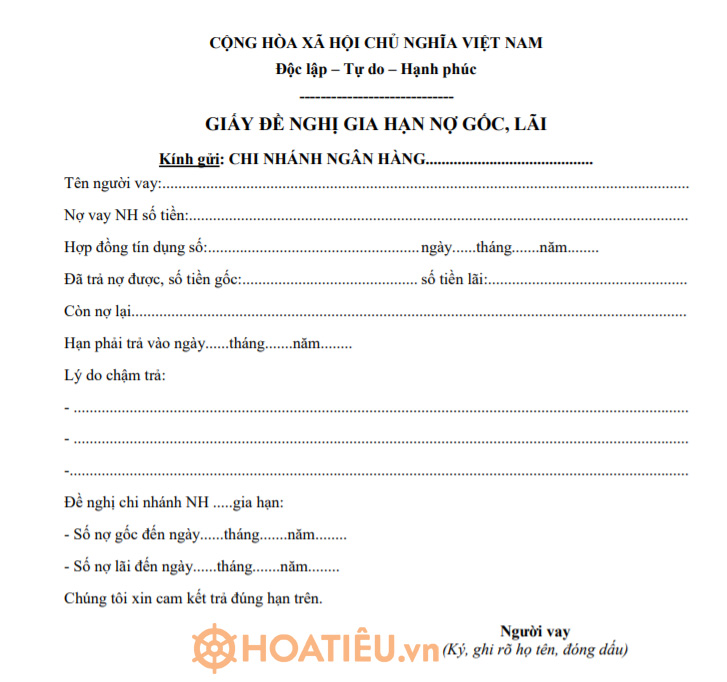 Mẫu giấy đề nghị gia hạn nợ gốc, lãi