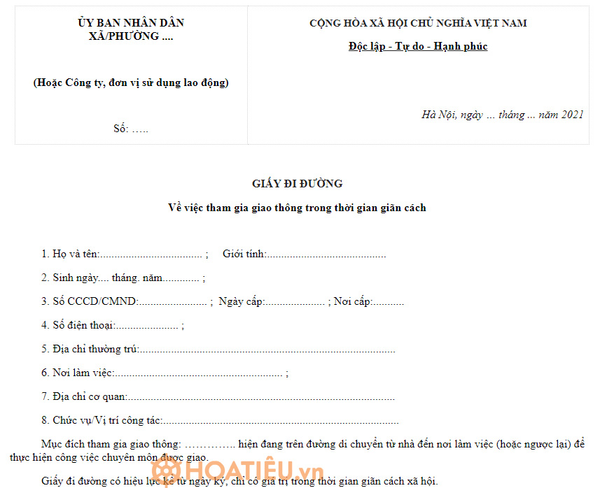 Mẫu giấy đi đường ở Hà Nội khi giãn cách xã hội
