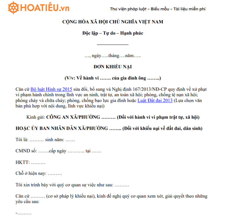 Mẫu đơn khiếu nại hàng xóm 2021