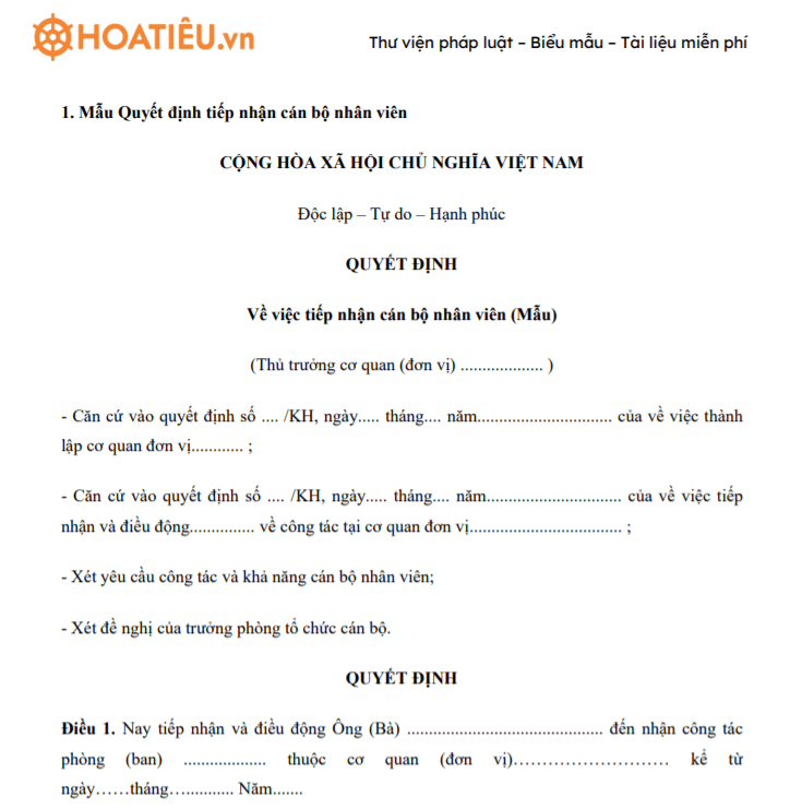Mẫu quyết định tiếp nhận nhân viên chính thức