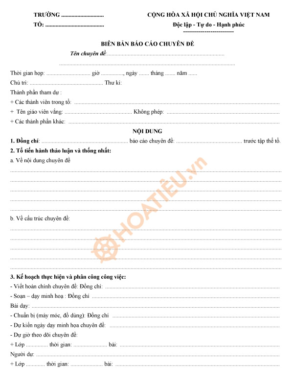 Mẫu biên bản báo cáo chuyên đề