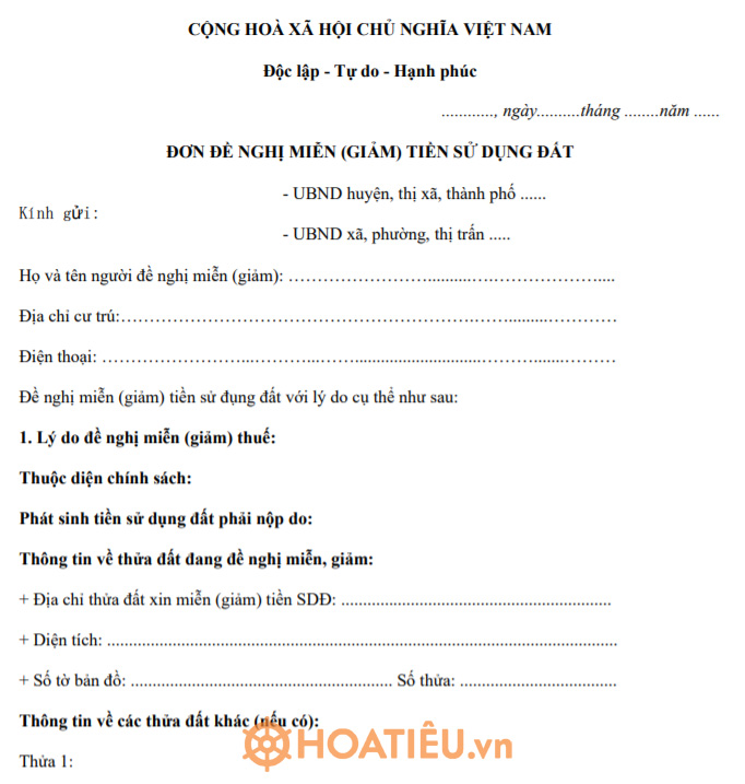 Mẫu đơn đề nghị miễn, giảm tiền sử dụng đất 2021