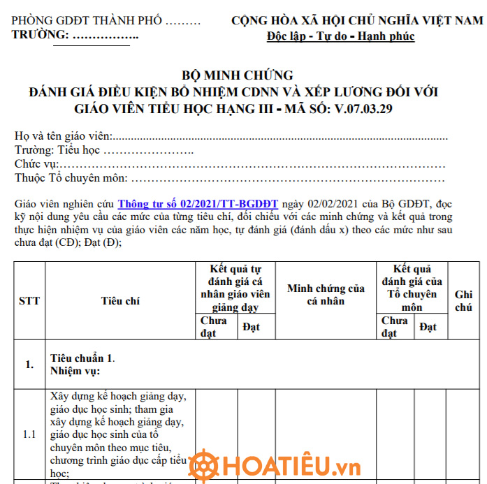 Minh chứng đánh giá điều kiện bổ nhiệm CDNN và xếp lương đối với giáo viên tiểu học