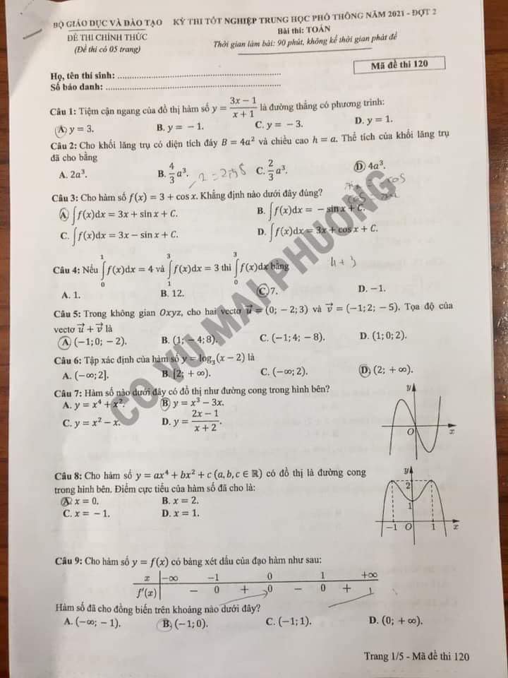 Đáp án môn Toán đợt 2 tốt nghiệp THPT 2021