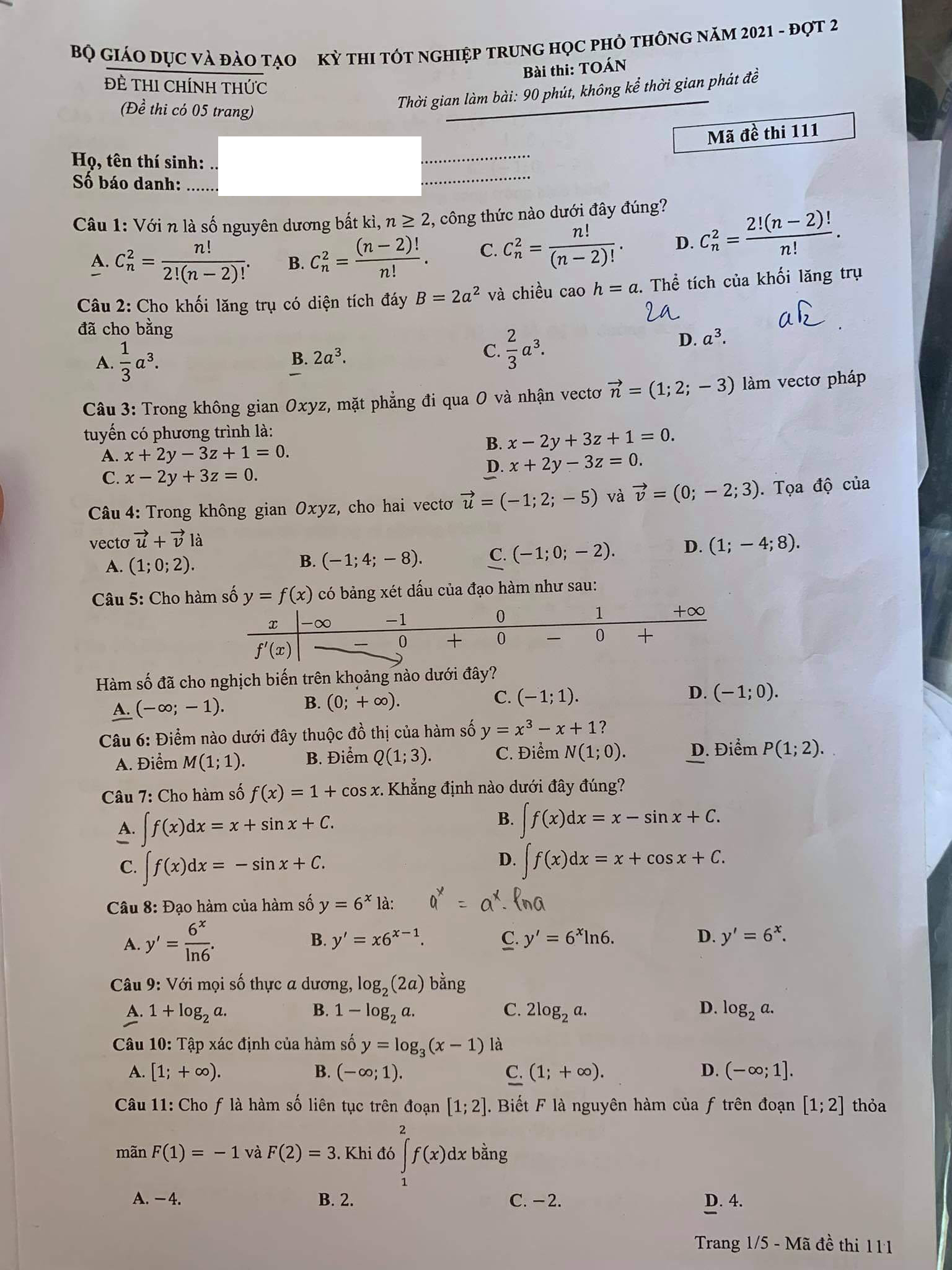 Đề thi môn Toán tốt nghiệp mã 111