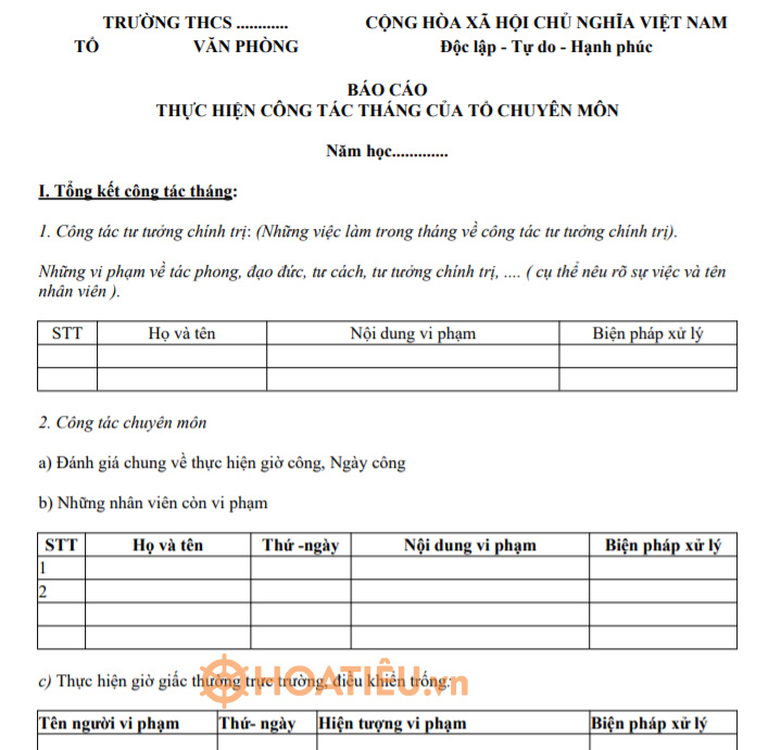 Mẫu báo cáo tháng của tổ chuyên môn 2021