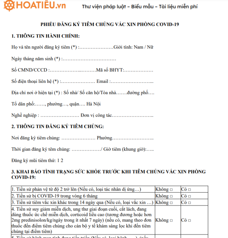 Mẫu đơn đăng ký tiêm vắc xin covid 19