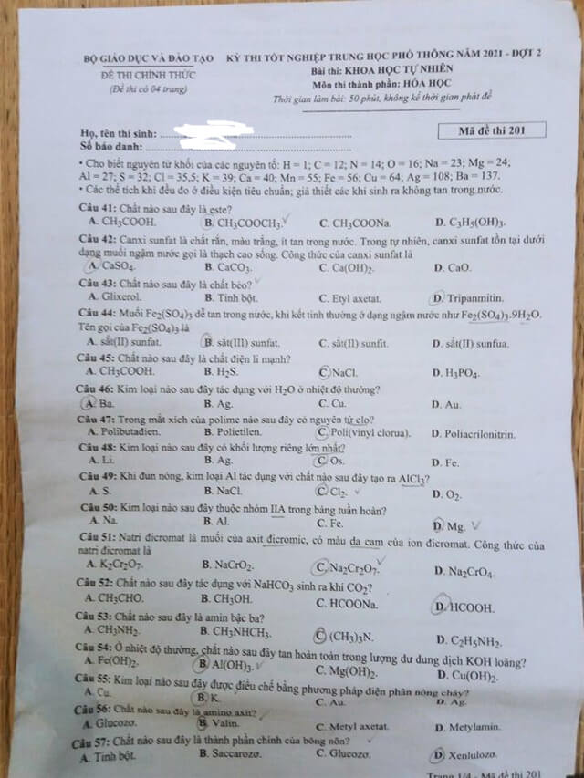 Đề thi Hóa THPT quốc gia 2021 đợt 2 mã đề 201