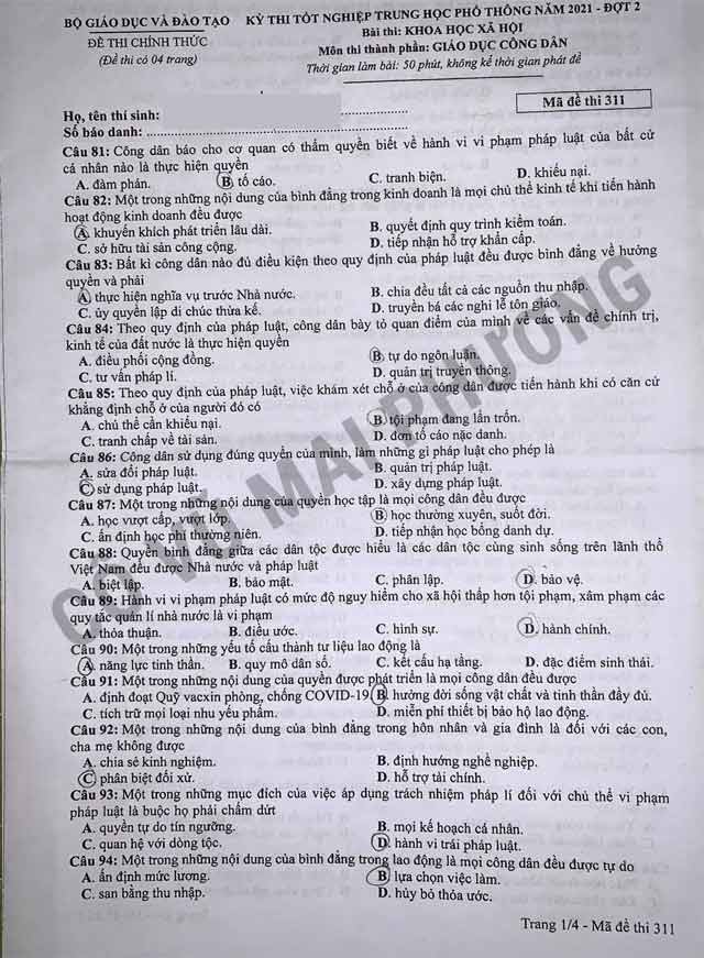 Đề thi GDCD đợt 2 tốt nghiệp THPT 2021