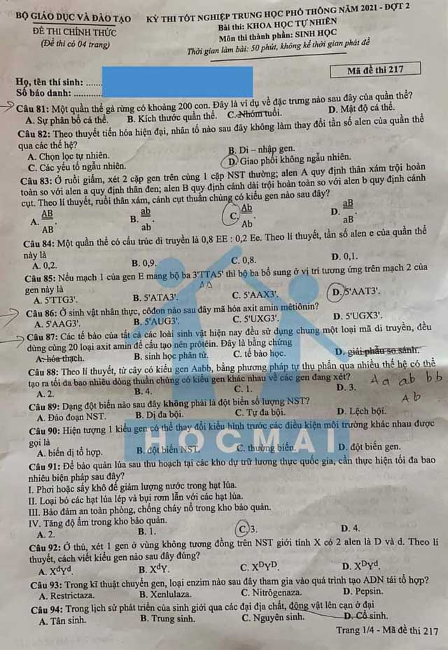 Đề thi Sinh đợt 2 tốt nghiệp THPT 2021