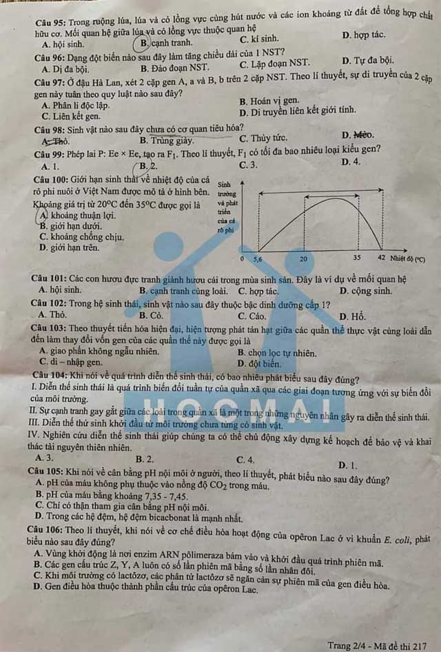 Đề thi Sinh đợt 2 tốt nghiệp THPT 2021