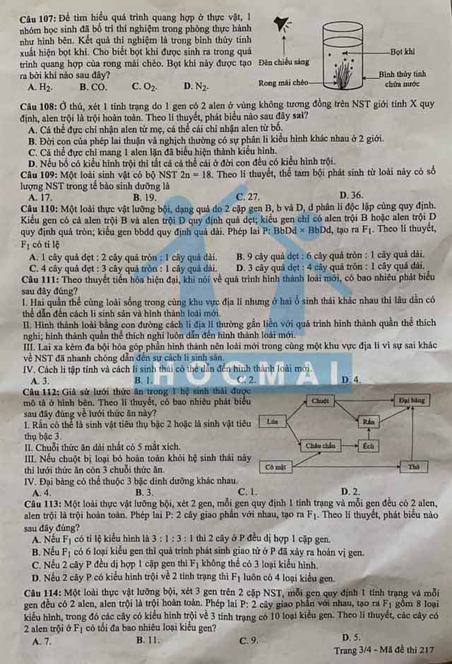Đề thi Sinh đợt 2 tốt nghiệp THPT 2021