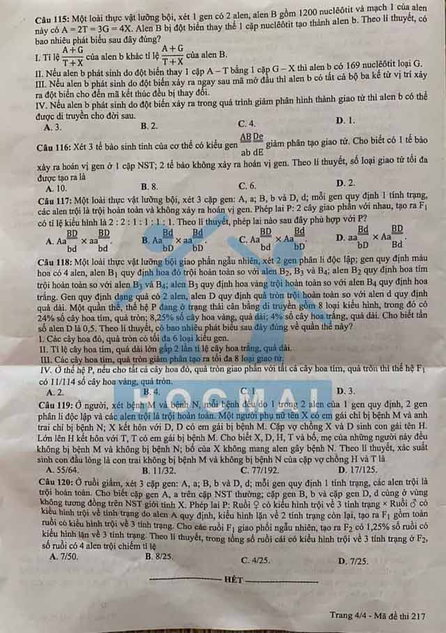 Đề thi Sinh đợt 2 tốt nghiệp THPT 2021