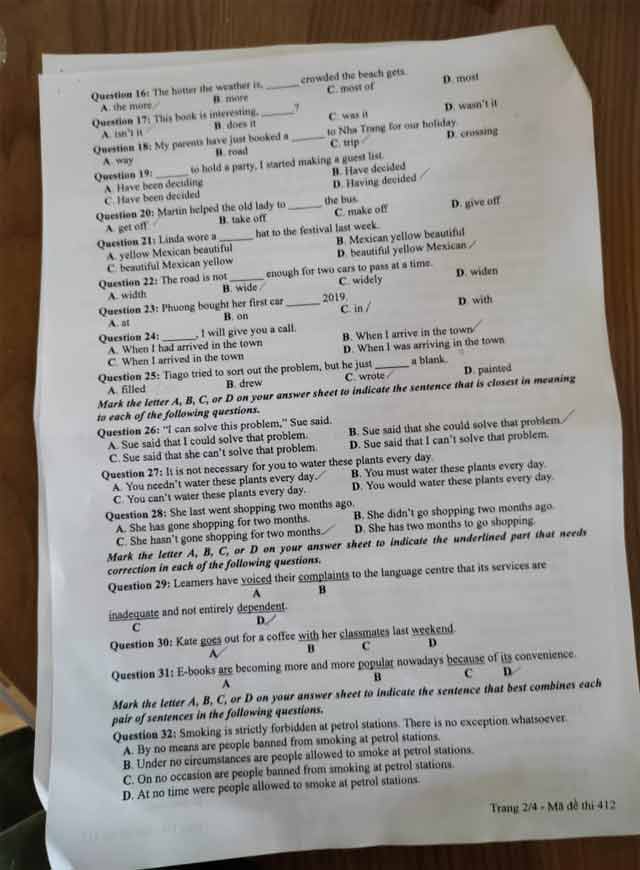 Đề thi tiếng Anh đợt 2 tốt nghiệp THPT 2021 mã đề 412