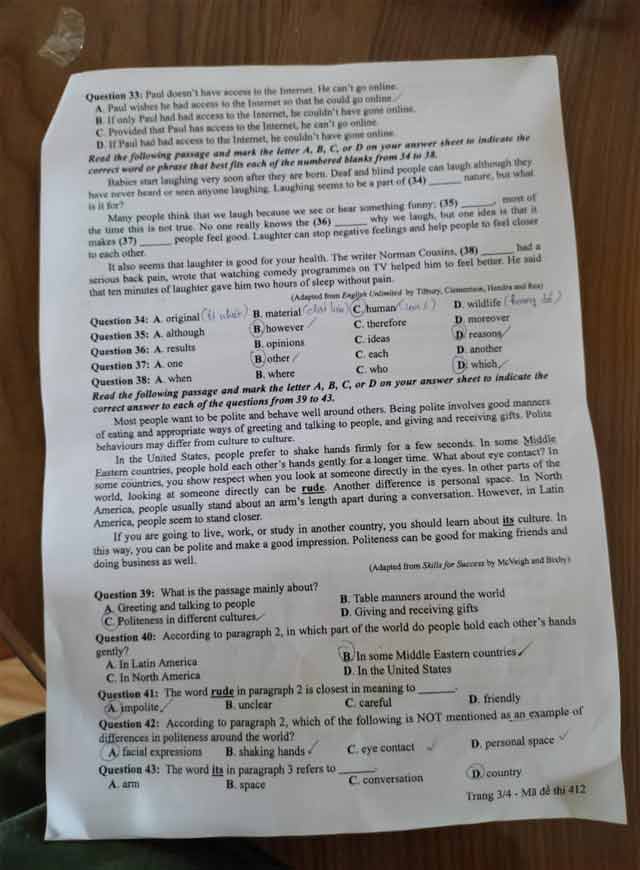 Đề thi tiếng Anh đợt 2 tốt nghiệp THPT 2021 mã đề 412