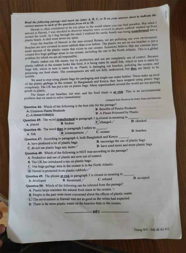 Đề thi tiếng Anh đợt 2 tốt nghiệp THPT 2021 mã đề 412
