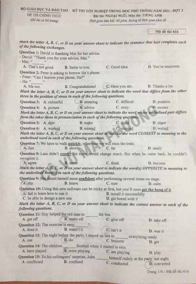 Đề thi tiếng Anh đợt 2 tốt nghiệp THPT 2021