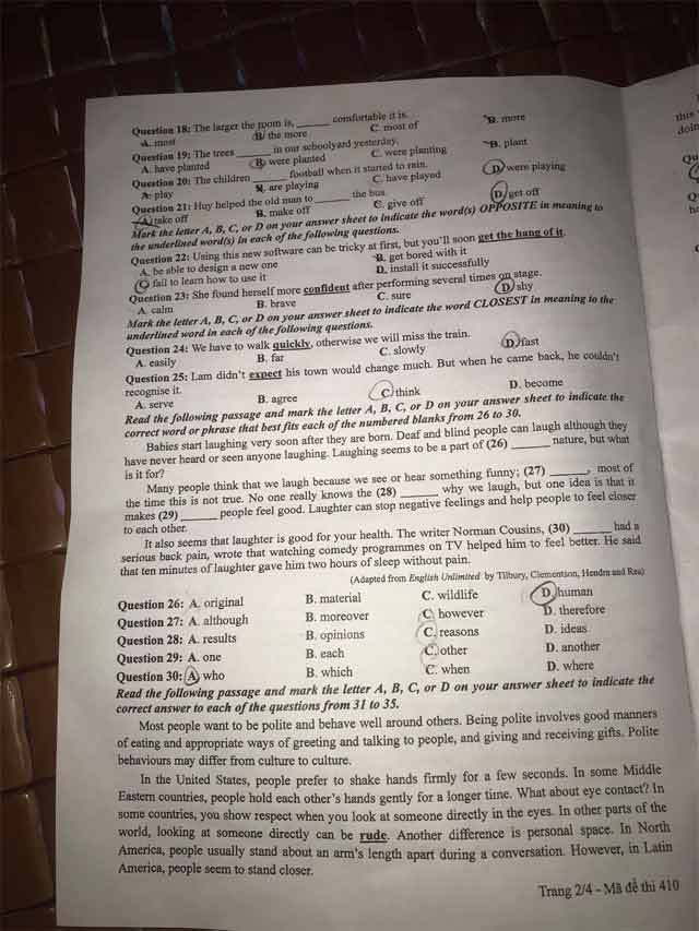 Đề thi tiếng Anh đợt 2 tốt nghiệp THPT 2021 mã đề 410