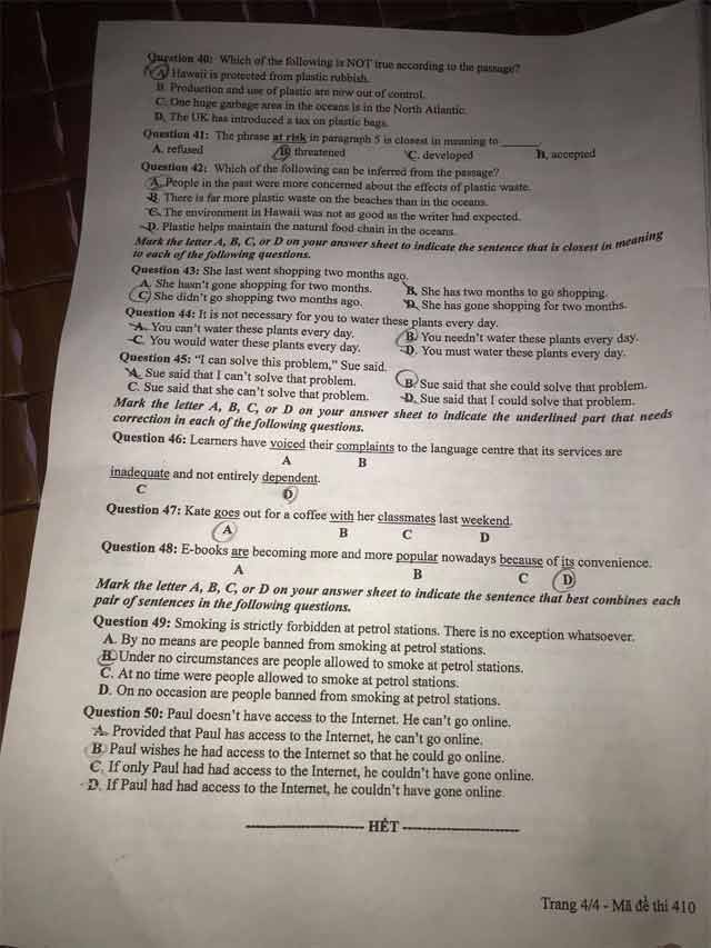 Đề thi tiếng Anh đợt 2 tốt nghiệp THPT 2021 mã đề 410