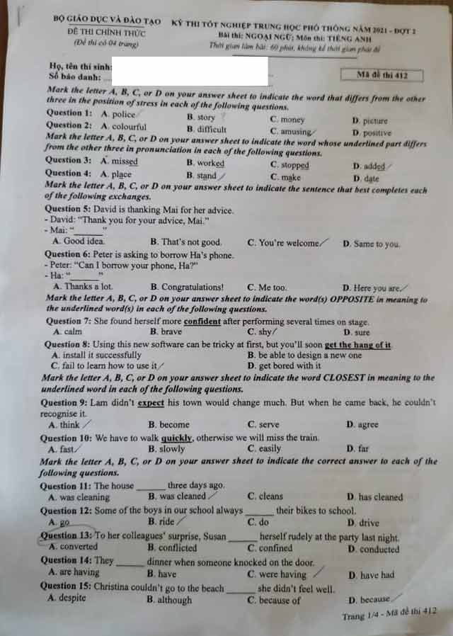 Đề thi tiếng Anh đợt 2 tốt nghiệp THPT 2021 mã đề 412