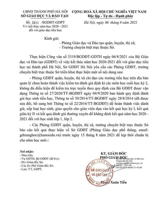 Hướng dẫn kết thúc năm học 2020-2021 đối với tiểu học