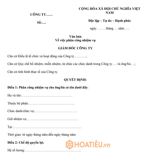 Mẫu văn bản phân công nhiệm vụ, giao việc 2021
