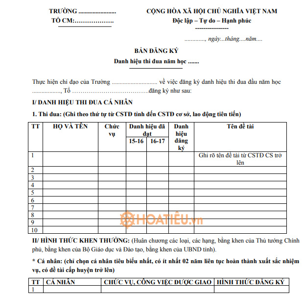 Mẫu đăng ký thi đua của tổ chuyên môn 2021