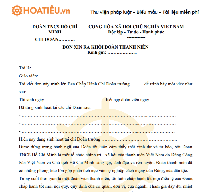 Mẫu đơn xin ra khỏi đoàn thanh niên