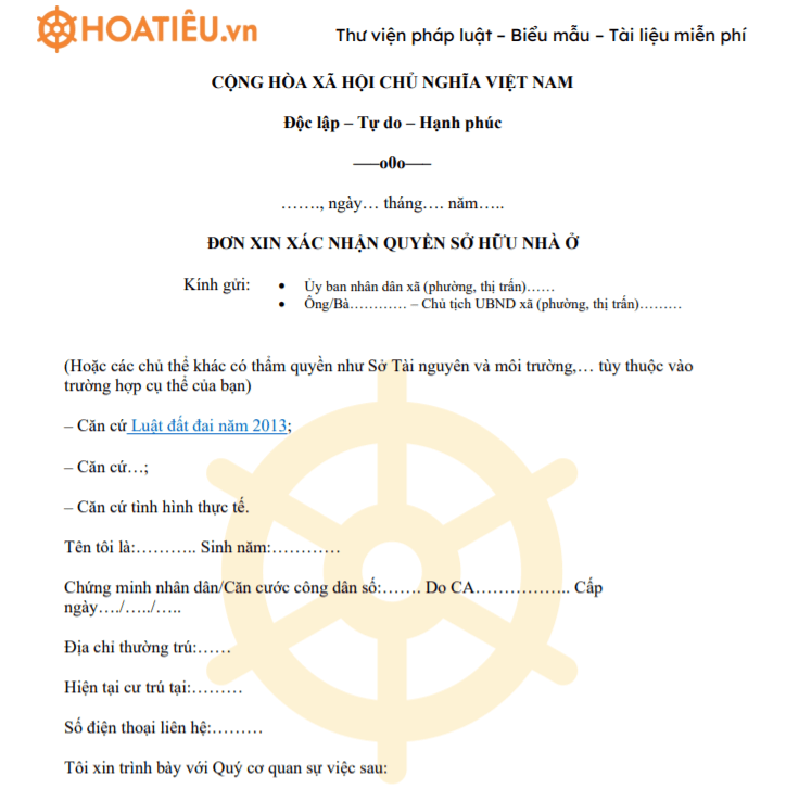 Mẫu đơn xin xác nhận quyền sở hữu nhà ở 2021