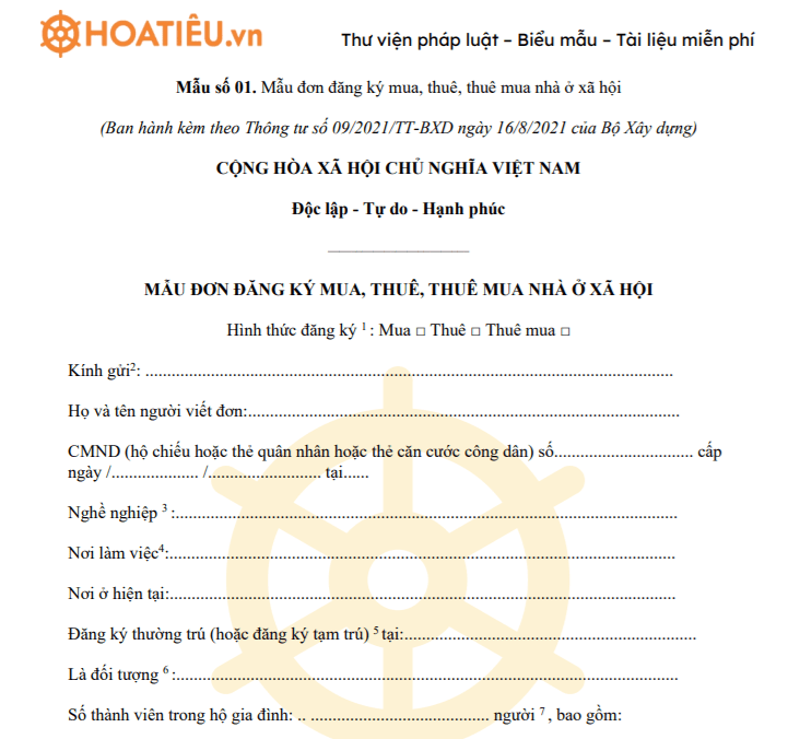 Mẫu đơn đăng ký mua, thuê, thuê mua nhà ở xã hội