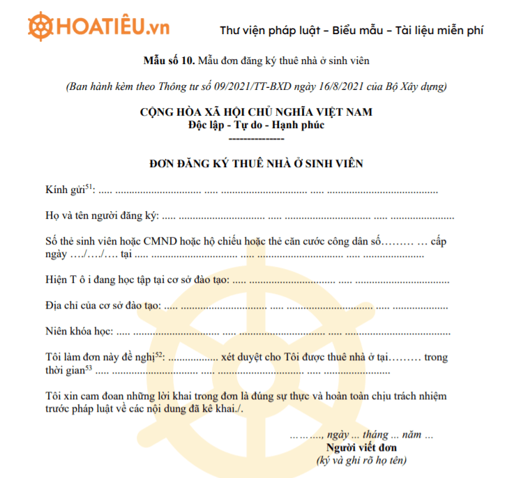 Mẫu đơn đăng ký thuê nhà ở sinh viên