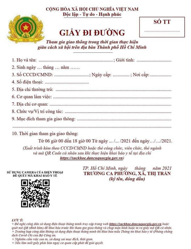Mẫu giấy đi đường ở thành phố Hồ Chí Minh
