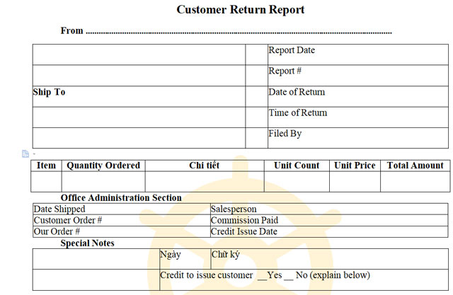 Mẫu khách hàng hoàn trả hàng - Tiếng Anh