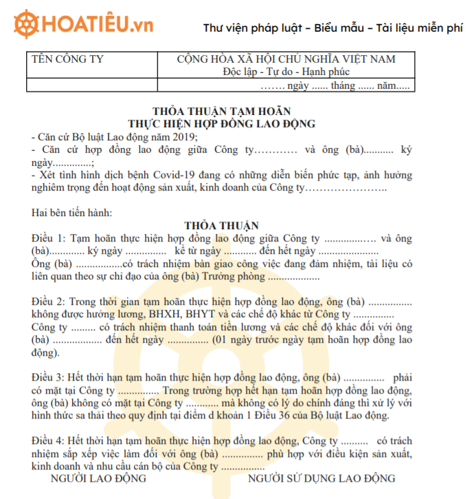 Mẫu thỏa thuận tạm hoãn hợp đồng lao động do Covid-19