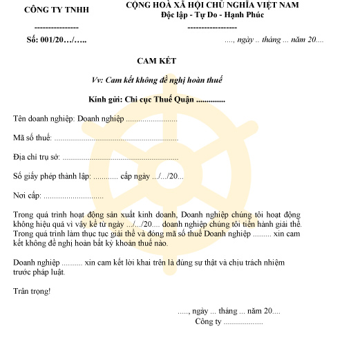 Mẫu bản cam kết không hoàn thuế mới