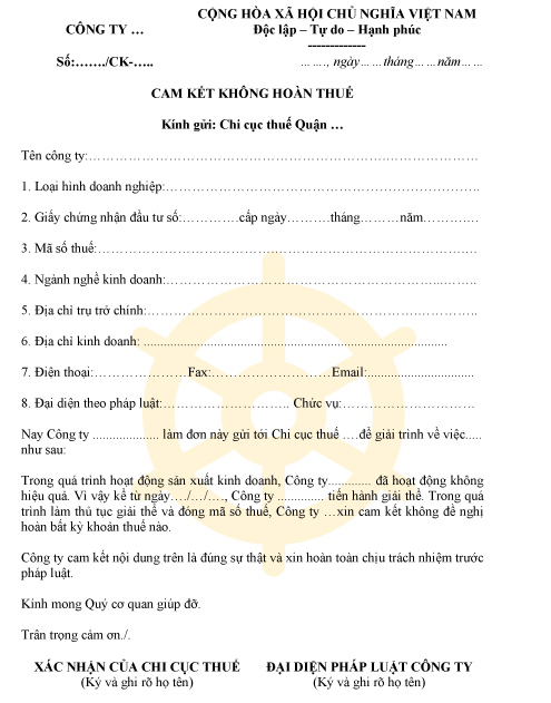 Mẫu bản cam kết không hoàn thuế mới