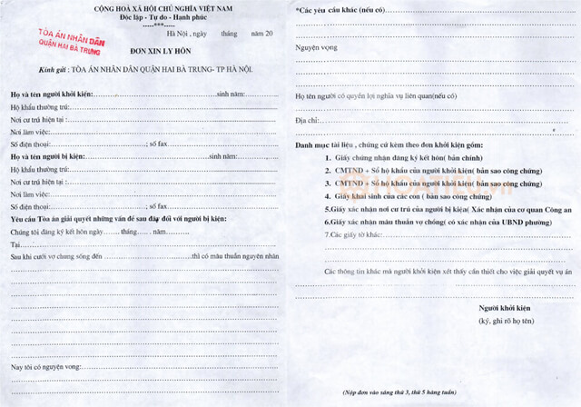 Đơn xin ly hôn viết tay theo mẫu Tòa Án